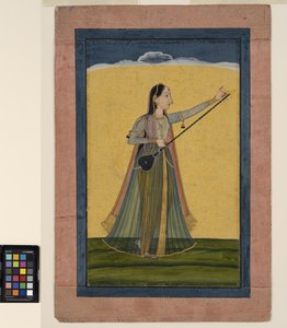 एक महिला ने अपने तम्बूरा को सी .1740 (कागज पर अपारदर्शी पानी के रंग का)