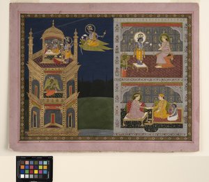 विष्णु गरुड़ पर एक स्वर्ण मीनार, c.1825 (अपारदर्शी जल रंग और कागज पर सोना) के पास पहुंचते हैं