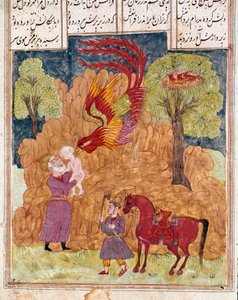 इस्लामी कला: शानदार पक्षी सिमुरघ (फीनिक्स या फेनिक्स के समान) राजा सियाम के बेटे ज़ाल को ले जाता है, पहाड़ में छोड़ देता है क्योंकि वह अल्बिनो नहीं है। महाकाव्य "शाहनामा" (शाहनामा, शाहनामा) (राजाओं की पुस्तक) की एक पांडुलिपि से फारसी लघुचित्र