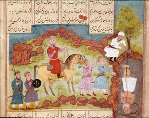 इस्लामी कला: एक पेड़ के पैर में एक दुश्मन को जिंदा दफनाने की यातना का दृश्य। फिरदौसी (फिरदौसी, या फिरदौसी, या फिरदौसी, सीए। 940-लगभग 1020) द्वारा महाकाव्य कविता "शाहनामा" (शाहनामा, शाहनामा) (राजाओं की पुस्तक) की पांडुलिपि से फारसी लघु