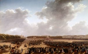अग्रभूमि अलेक्जेंडर पुश्किन (पुश्किन) (1799-1837) और निकोलस I (1796-1855) में चैंप्स डी मार्स पर परेड, रूसी स्कूल के पेरिस पेंटिंग में एक गाड़ी में साम्राज्य के सामने जा रहे घोड़े पर। १८२५-१८३०। सेंट पीटर्सबर्ग, का संग्रहालय द्वारा स्कूलरूसी