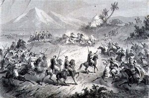 एक एडवेंचर, ट्रैवलर्स अटैक्ड बाय ब्रिगेड्स, 'द रिटर्न टू द वर्ल्ड' से चित्रण (उत्कीर्णन) द्वारा स्कूल स्पेनिश