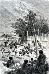 माओरी योद्धा एक झूले पर खेल रहे हैं, 'द रिटर्न टू द वर्ल्ड' से चित्रण द्वारा स्कूल स्पेनिश