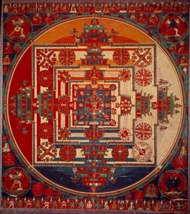 मंडला दे वज्रवरमी देवी नृत्य करती हैं (केंद्र में) इसके नाम का अर्थ है "" अदम्य लाई""। तिब्बत 19वीं सदी। पेरिस, मुसी गुइमेतो