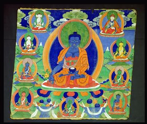 थंगका पेंटिंग, द बुद्धा ऑफ मेडिसिन, भैषज्यगुरु (मेनला) तिब्बती को दिखाती है