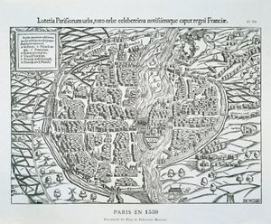 पेरिस शहर योजना c.1530 (लकड़ी की नक्काशी) द्वारा सेबस्टियन (बाद में) मुंस्टर
