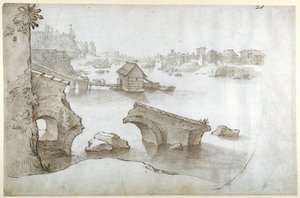 पोंटे रोटो (एवेंटाइन के ऊपर), मार्मोराटा और रिपा ग्रांडे (श्वेत कागज पर भूरे और भूरे रंग के वॉश के साथ कलम और भूरे रंग की स्याही) के खंडहर के साथ एक तिबर दृश्य द्वारा सेबस्टियन व्रंक्स