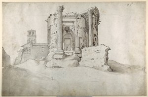 टिवोली में टिबर्टाइन सिबिल के मंदिर के खंडहर (श्वेत कागज पर भूरे भूरे रंग के साथ कलम और भूरे रंग की स्याही) द्वारा सेबस्टियन व्रंक्स