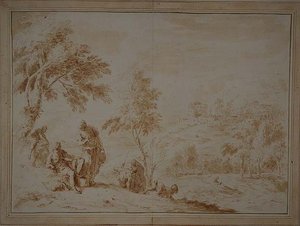 पहाड़ी शहर के साथ व्यापक देहाती परिदृश्य, c.1720 (भूरी स्याही और धो) द्वारा सेबेस्टियानो रिक्की