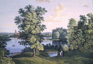 Tsarskoye Selo . में पार्क में बड़ी झील से द्वीप का दृश्य