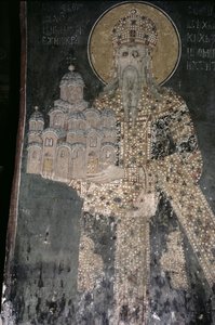 चर्च के एक मॉडल के साथ राजा स्टीफन उरोस II मिलुटिन (r.1282-1321) 1311-21