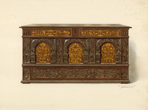 ओक इनलेड चेस्ट, आर्थर जेम्स (क्रोमोलिथो) की संपत्ति द्वारा शर्ली चार्ल्स लेवेलिन स्लोकॉम्बे