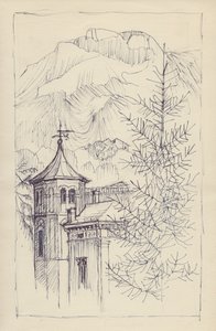 चर्च और पहाड़, इटली, c1950। द्वारा शर्ली मार्खम