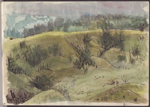 झाड़ियों के साथ लैंडस्केप, इटली, c1950। द्वारा शर्ली मार्खम