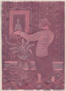 पौधों को पानी देती महिला, c1951। द्वारा शर्ली मार्खम