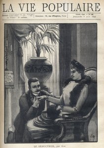 एक आदमी अपने घुटनों पर एक बुर्जुआ लिविंग रूम में एक सुंदर महिला का हाथ पकड़े हुए है, अपना कोट, एक आस्तीन और एक फर दुपट्टा पहने हुए है। Le Seducteur par Gyp के लिए चित्रण (सिबिल गेब्रियल मैरी एंटोनेट रिक्वेटी डी मिराब्यू, काउंटेस ऑफ मार्टेल डी
