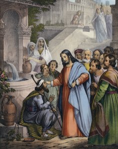 यीशु एक जन्मे अंधे को दृष्टि देता है (रंगीन उत्कीर्णन) द्वारा सीगफ्राइड डेटलर बेंडिक्सन