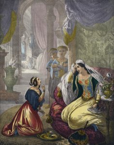 कैप्टिव हिब्रू नौकरानी जो नामान की पत्नी पर इंतजार कर रही थी (रंगीन उत्कीर्णन) द्वारा सीगफ्राइड डेटलर बेंडिक्सन