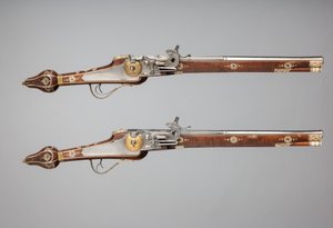 सक्सोनी, जर्मन, c1610 के राजकुमार-निर्वाचक के अंगरक्षक के लिए बनाई गई व्हीललॉक पिस्तौल की जोड़ी द्वारा साइमन हेलबिग
