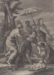 शिशु मोसेस को पानी से टोकरी में खींचती हुई तीन महिलाएं, ca. 1729. द्वारा साइमन वैली