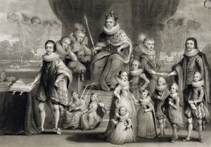 महामहिम जेम्स I और उनकी शाही संतान, बोहेमिया के राजा के परिवार के साथ, चार्ल्स टर्नर (1773-1857) द्वारा उत्कीर्ण, 1814