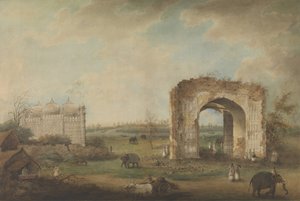 मोतीझील में एक मस्जिद और गेटवे का दृश्य, ca. 1814-23. द्वारा सीता राम।