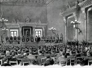 1892 में कैटलन क्षेत्रीय संविधान की सेवा के लिए 16 ठिकानों का मसौदा तैयार करने के लिए, कैटलन राष्ट्रवादियों का एक समूह मनरेसा सिटी हॉल में इकट्ठा हुआ। जैम पाहिसा द्वारा आरेखण। द्वारा स्पेनिश स्कूल
