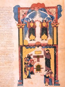 सोलोमन के मंदिर से पहले खड़े एन्जिल्स और डेविड विथ सोलोमन, fol.139r।, सेंट इसिडोर्स की विसिगोथिक-मोजाराबिक बाइबिल, ईस्वी 960 (वेल्लम पर तड़का) से