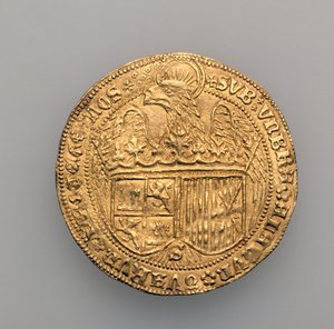 आरागॉन के फर्डिनेंड द्वितीय (1452-1516) के डबल एक्स्टेलेंट और कैस्टिल के इसाबेला (1451-1504), सेविले मिंट, 1475 (सोना) (168057 देखें) द्वारा स्पेनिश स्कूल