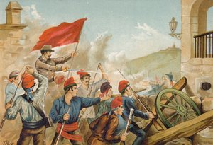 रिपब्लिकन स्वयंसेवकों और सैनिकों के बीच लड़ाई, सरिया, बार्सिलोना, 1874 द्वारा स्पेनिश स्कूल