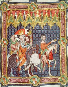 Fol.10r अल्फोंसो VII (1105-57) और उनकी पत्नी, बार्सिलोना के बेंगेंगुला, ने आर्चबिशप से मिलने का नेतृत्व किया, जो कि पांडुलिपि के राजाओं और राजपूतों के राज्याभिषेक का चित्रण करती है द्वारा स्पेनिश स्कूल
