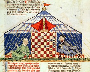 Fol.62v खेल के शतरंज, शतरंज और पासा, 1282 से एक तम्बू में शतरंज खेलने वाले दो आरा, 1282 द्वारा स्पेनिश स्कूल