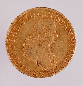 स्पेन से स्वर्ण सिक्का (8 ईकस): फर्डिनेंडो (फर्डिनेंड) VI (1746-1759) का शासन। 1759 दीया। 3,5 सेमी नेपल्स, संग्रहालय पुरातत्व द्वारा स्पेनिश स्कूल