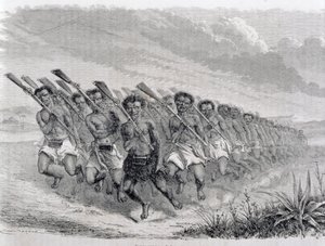 माओरी वॉरियर्स एक युद्ध नृत्य का प्रदर्शन, &39;द रिटर्न टू द वर्ल्ड&39; (उत्कीर्णन) से चित्रण द्वारा स्पेनिश स्कूल