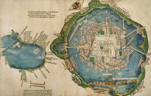 Tenochtitlan के एक नक्शा और मैक्सिको की खाड़ी, ठीक Ferdinadi Cortesi से Hernando कोर्टेस द्वारा (1485-1547) 1524 नई अटलांटिक महासागर स्पेन के बारे में बात