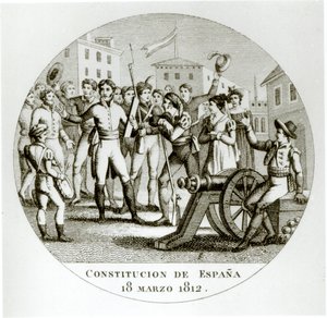 18 मार्च 1812 के लिबरल संविधान की घोषणा, देशभक्तों द्वारा, कॉर्टेज द्वारा कोर्टिज में प्रख्यापित द्वारा स्पेनिश स्कूल