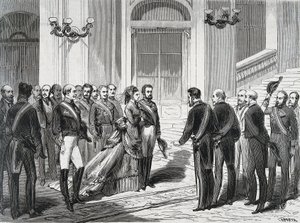 19/03/1871 को मैड्रिड के रॉयल पैलेस में आगमन पर स्पेन के राजा एमेडी I (अमेडियो फर्डिनेंडो मारिया डि सावोइया) (1845-1890) और उनकी पत्नी क्वीन मैरी विक्ट्री दल पॉज़ो डेला सिस्टर्ना (1847-1876)। "" ला इलस्ट्रसियन एस्पानोला वाई अमेरिका . से उत्कीर्णन द्वारा स्पेनिश स्कूल