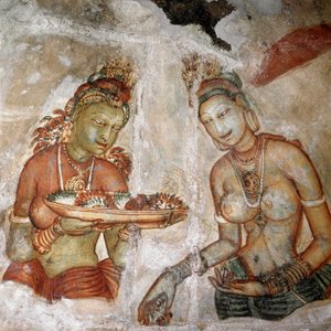 नौकरानी का दृश्य (शेर की चट्टान का भित्ति चित्र, 5वीं शताब्दी)