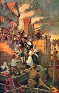 1666 में लंदन की द ग्रेट फायर, हचिंसन की 'द स्टोरी ऑफ द ब्रिटिश नेशन' से चित्रण, c.1920 (कलर लिथो) द्वारा स्टैनहोप अलेक्जेंडर फोर्ब्स