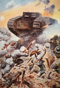 WWI . में पश्चिमी मोर्चे पर जर्मनों के खिलाफ कार्रवाई में ब्रिटिश टैंक