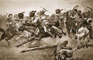 पाओ-टिंग-फू के अभियान पर: बंगाल लांसर्स का एक प्रभार, 'उन्नीसवीं शताब्दी की लड़ाई: खंड' से चित्रण। VII, द चाइनीज वॉर ऑफ 1900-1901' आर्चीबाल्ड फोर्ब्स, जीए हेंटी और मेजर आर्थर ग्रिफिथ्स (लिथो) द्वारा