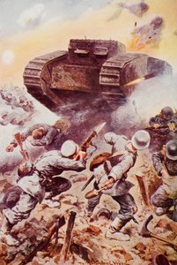 टैंक्स इन एक्शन, एचजी वेल्स द्वारा 'द आउटलाइन ऑफ हिस्ट्री' का चित्रण, वॉल्यूम II, 1920 में प्रकाशित (कलर लिथो)