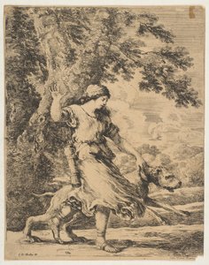 अपने कॉलर द्वारा एक बड़े कुत्ते को पकड़े हुए एक अप्सरा, ca. 1654. द्वारा स्टेफानो डेला बेला