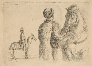 एक पोलिश दूल्हा, पीछे से, लगाम से घोड़े को पकड़े हुए, लगभग। 1662.