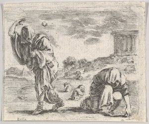 गेम ऑफ माइथोलॉजी जेउ डे ला मिथोलोगी से ड्यूकालियन और पाइरेहा, 1644। द्वारा स्टेफानो डेला बेला