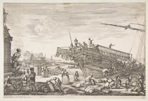 Livorno Vues du port de Livourne, 1654-55 के बंदरगाह के दृश्य से, गैली लोड हो रही है। द्वारा स्टेफानो डेला बेला