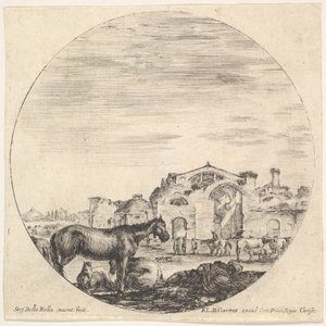 प्लेट 12: एक चरवाहा जमीन पर दाईं ओर सो रहा है, तीन घोड़े बाईं ओर, अन्य h..., ca. 1643-48। द्वारा स्टेफानो डेला बेला