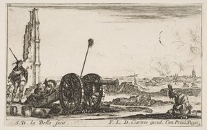 प्लेट 2: बाईं ओर एक तोप, बैकग्राउंड में एक शहर, विभिन्न मिलिट्री से ... ca, 1641। द्वारा स्टेफानो डेला बेला