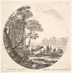 प्लेट 4: अग्रभूमि में बाईं ओर एक कोरिंथियन राजधानी, एक स्मारक w ..., ca. 1643-1648। द्वारा स्टेफानो डेला बेला