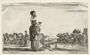 विभिन्न आंकड़े और परिदृश्य: एक नदी के किनारे स्नान करने वाली महिलाएं, 1649। द्वारा स्टेफानो डेला बेला